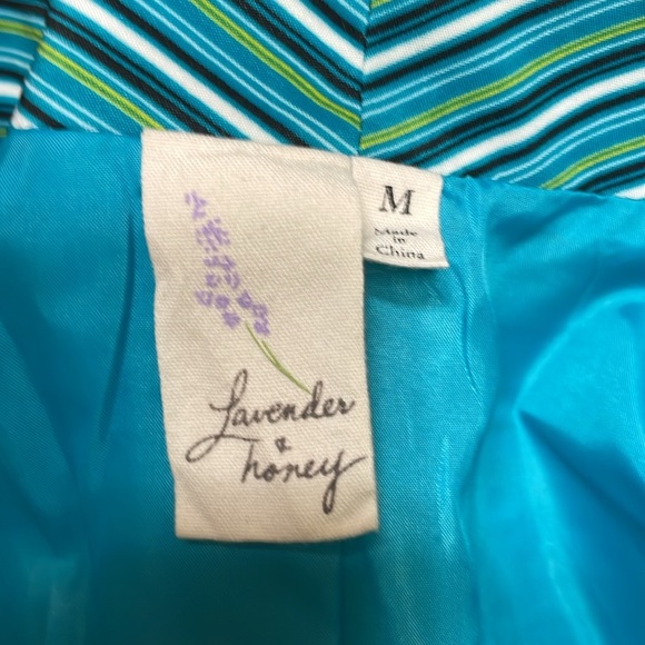 Lavender & Honey Striped Open Front Blazer Asymmetrical Jacket Teal Green Blue - Picture 4 of 6